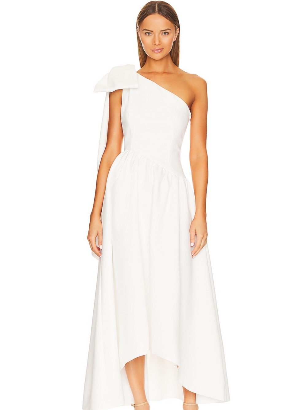 Elliatt One-Shoulder White Midi Dress with Shoulder Bow